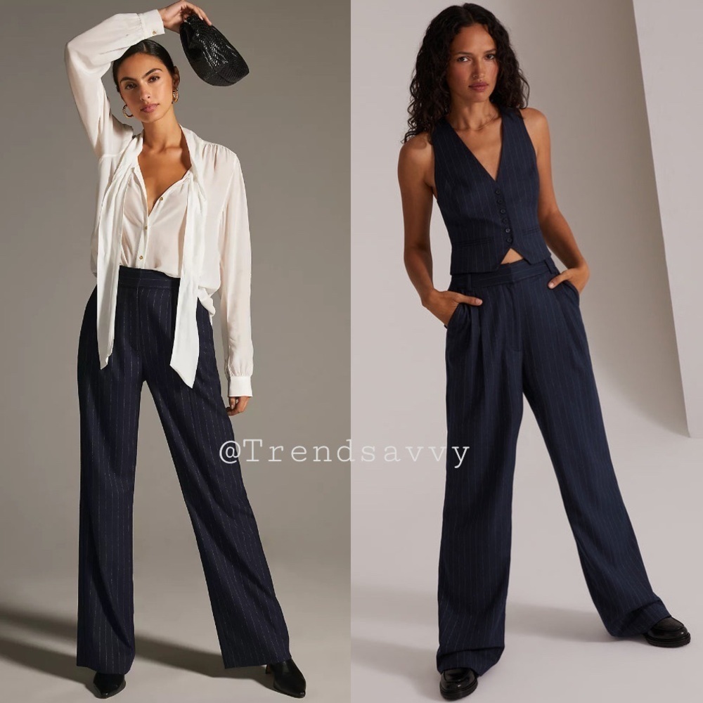 Favorite Daughter Navy Pinstripe Wide Leg Trouser Pants Size 16 Career Chic NWT